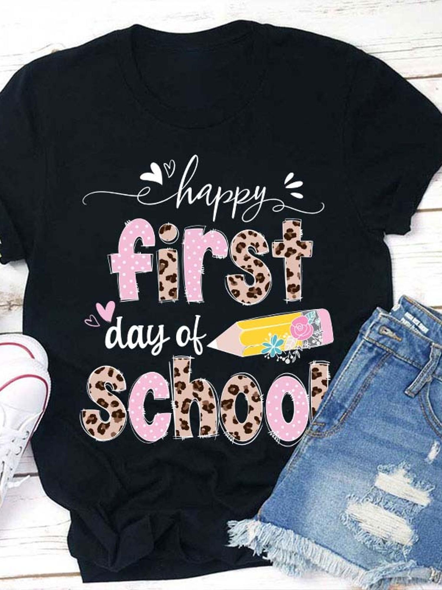Happy First Day of School Leopard Pencil T-shirt S