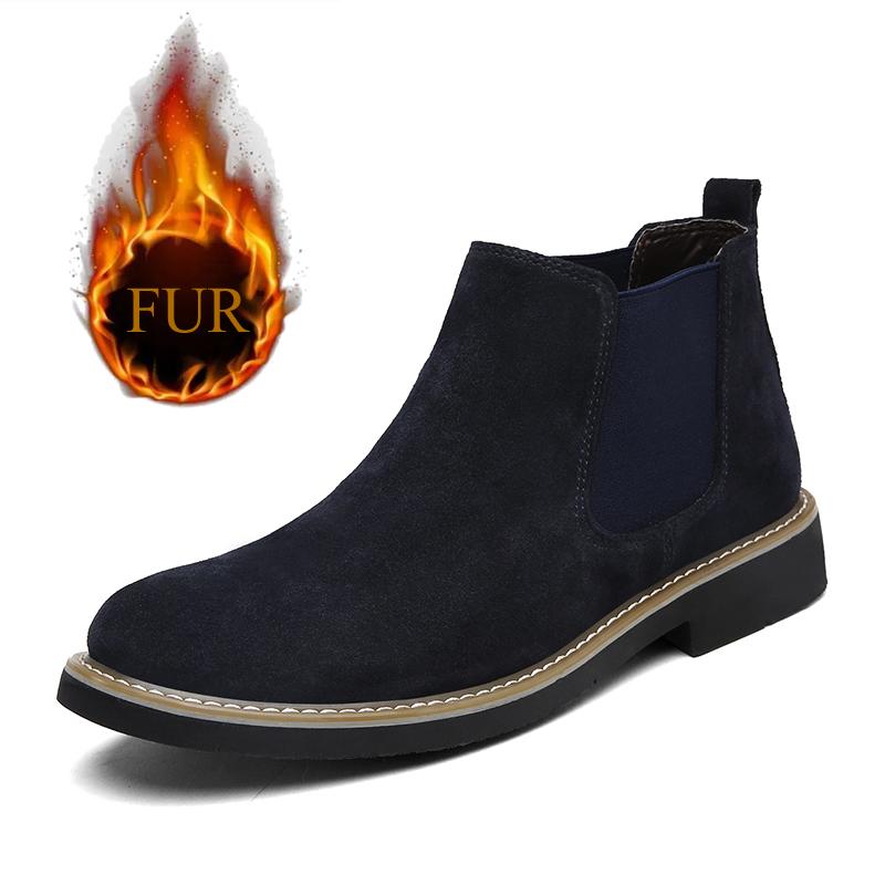 Fashion Winter Plush Fur Chelsea Men's Boots Cowhide Ankle Boot Outdoor Sports Men's High Top Shoes Classic Simple Western Cowboy Boots
