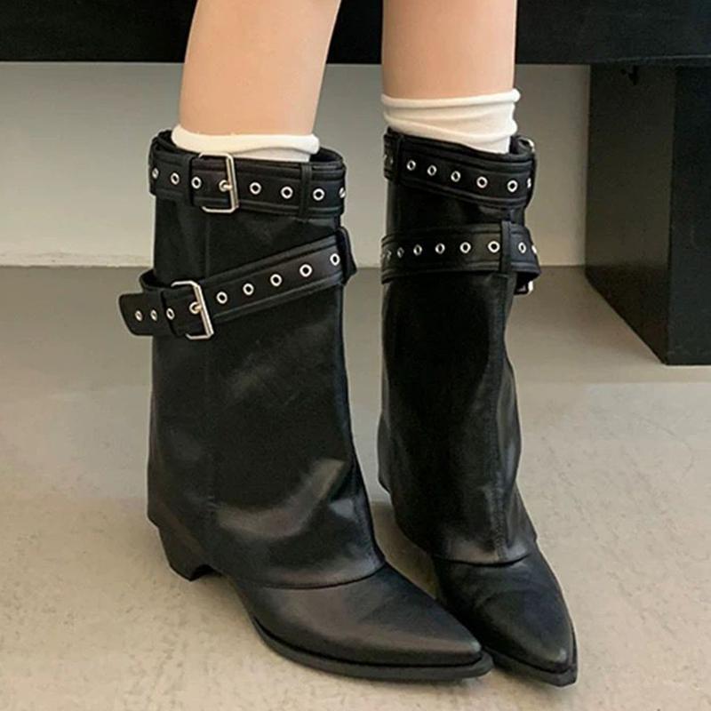 Punk Belt Buckle Pointed Toe Mid Calf Boots Women Fashion Thick Heel Wide Leg Pants Boots Woman Autumn Winter Pu Leather Botas