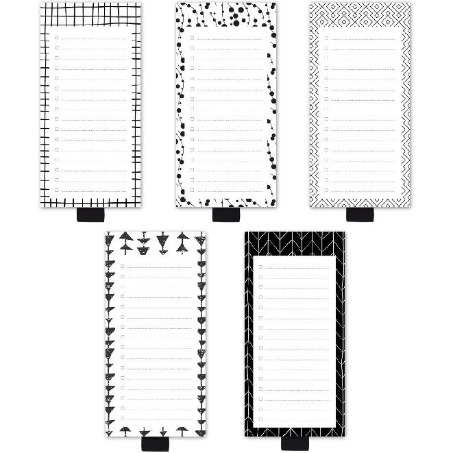 5 Pack White Black Scandi Magnetic Notepads with Pen Holder,for Grocery, Shopping and to Do Lists with Checkbox,Note Pad for Refrigerator 3.3" x