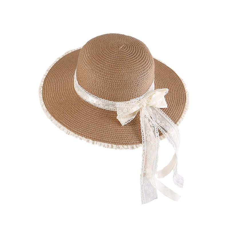 Damen-Strohhut mit Spitzen-Schleife, Sommer-Strandurlaub, Sonnenhut mit UV-Schutz