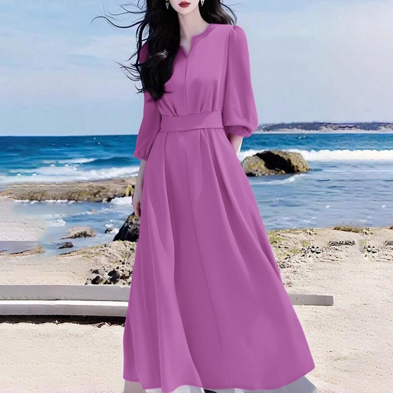 ZANZEA Women Casual V-Neck Loose 3/4 Sleeve Plain Long Dress