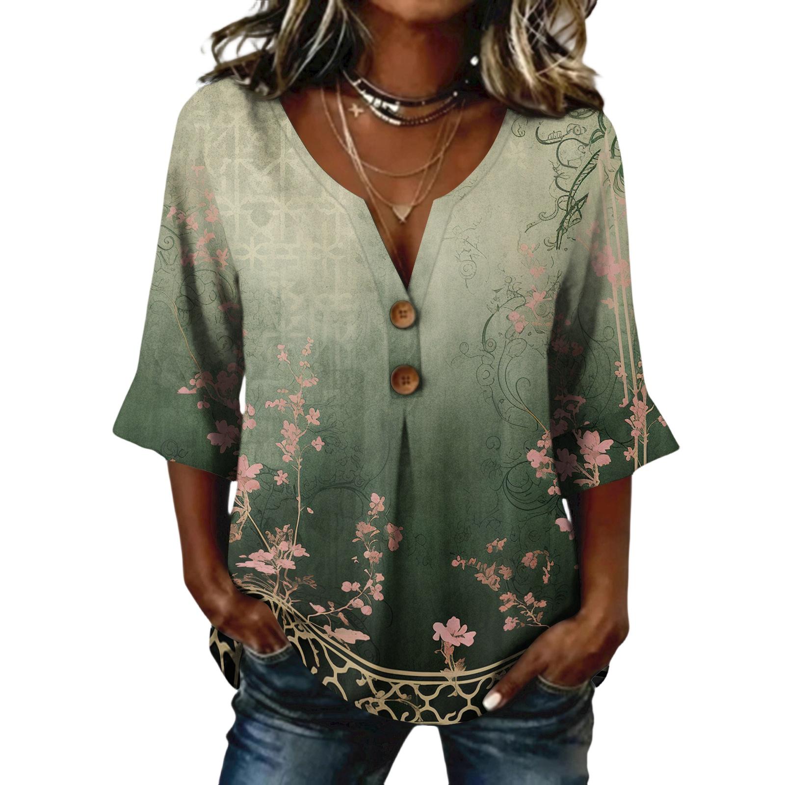 

Ladies floral print button casual V-neck fashionable seven quarter sleeve top S зелёный