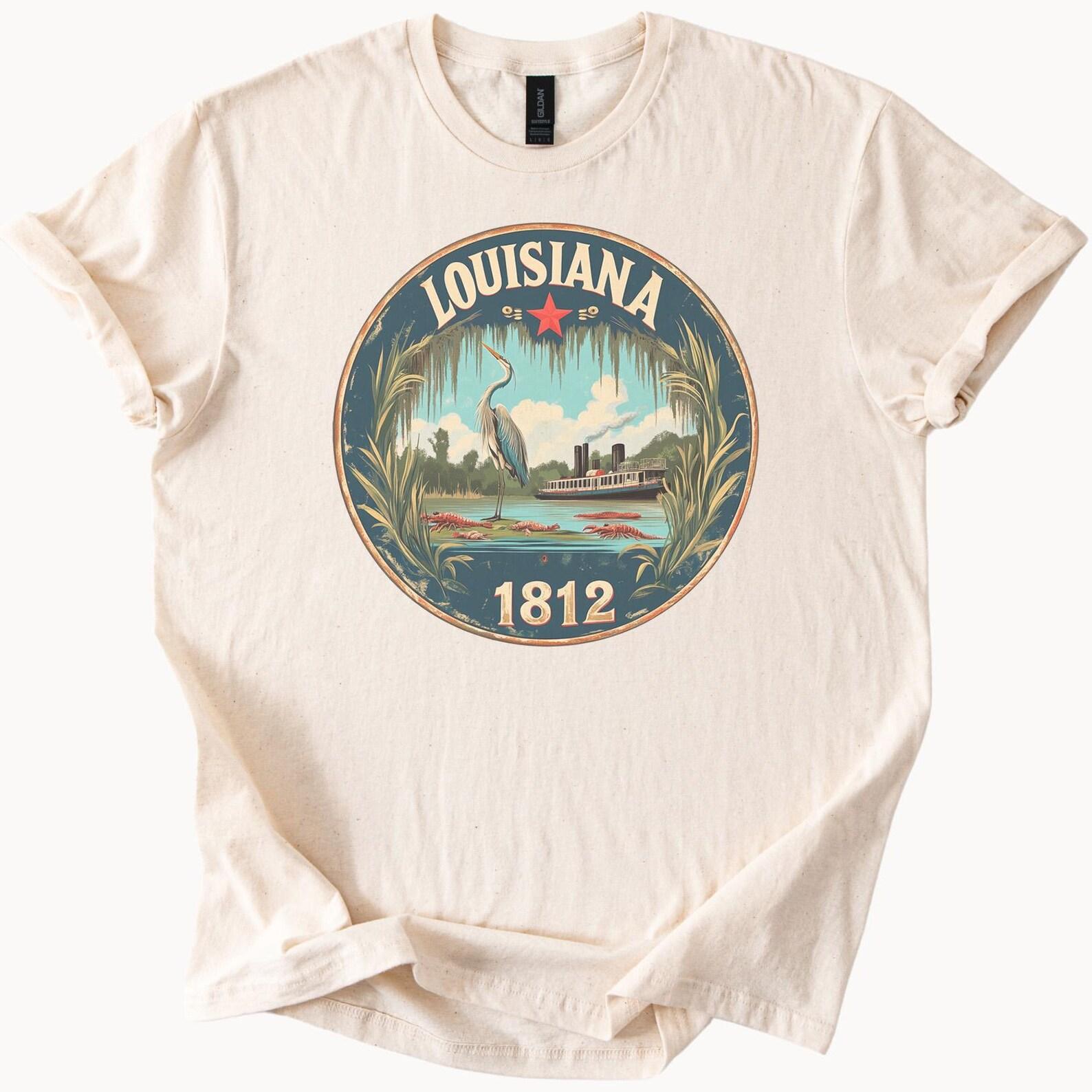 Louisiana State Graphic T Shirt 1812 Riverboat Heron Skyline Nature Scene Southern Souvenir Art Tee Louisiana Pride Shirt Gift 120