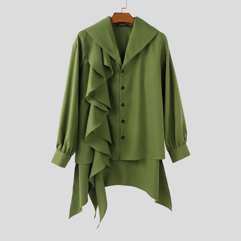 

INCERUN Мужские рубашки оверсайз с лацканами, длинными рукавами, оборками, пэчворком и неровным низом 2XL зелёный