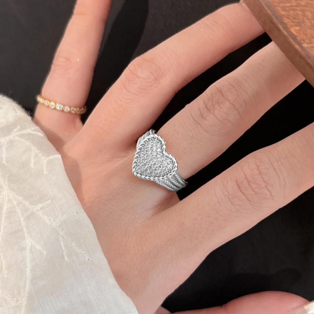 French Vintage Open Heart Ring Diamond Hollow Love Women Fashion Jewelry
