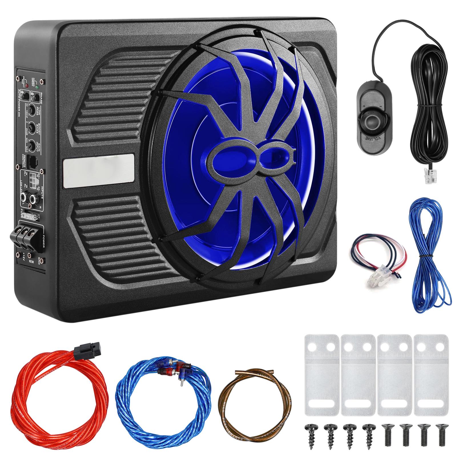 

10-дюймовый автомобильный сабвуфер 600 Вт, 12 В тонкий активный басовый динамик под сиденье, автомобильный аудиосабвуфер со встроенным усилителем и синей светодиодной подсветкой