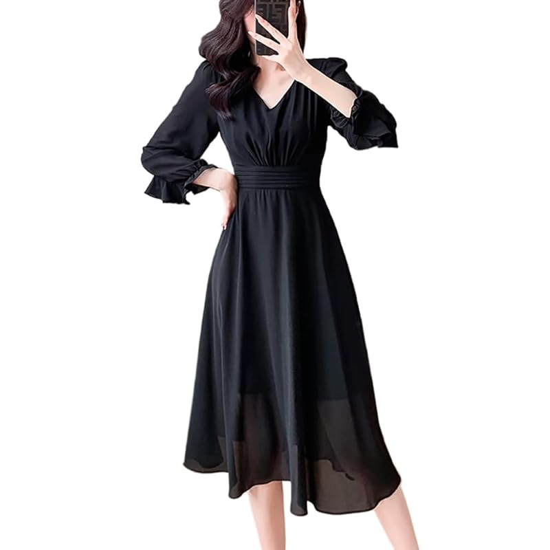 

[Chubikime] one piece spring summer ladies chiffon medium length dress long sleeve V-neck adult dress A-line simple Plain color elegant Dress slimmer