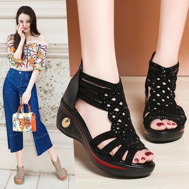 Fashion 2025 New Fashion Wedge Sandals Women Summer Shoes Elegant Ladies Rome Hollow Out Sandals Female Sandalias Black Wedge Heels