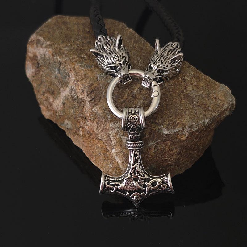 Nordic Viking Leather Necklace Crafted Hammer Celtic Wolf Head Necklace Men's Long Jewelry