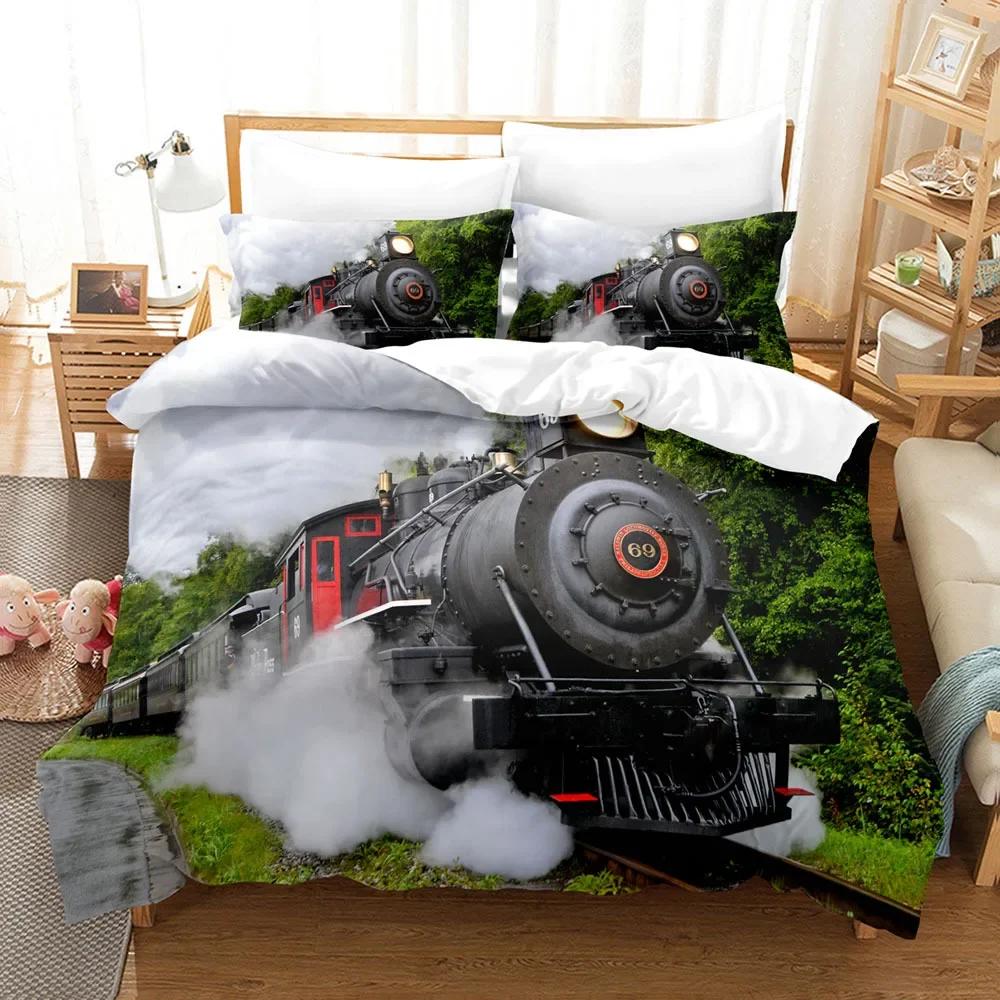 Steam Engine King Queen Duvet Cover Vintage Train Rail Bedding Set For Teens Adults Retro Transportation Polyester Quilt Cover