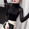 Women's Spring/Fall Chinese-Style Mesh Underlay Top Slim-Fit Mid-High Neck Base Layer Mom's Chiffon Blouse