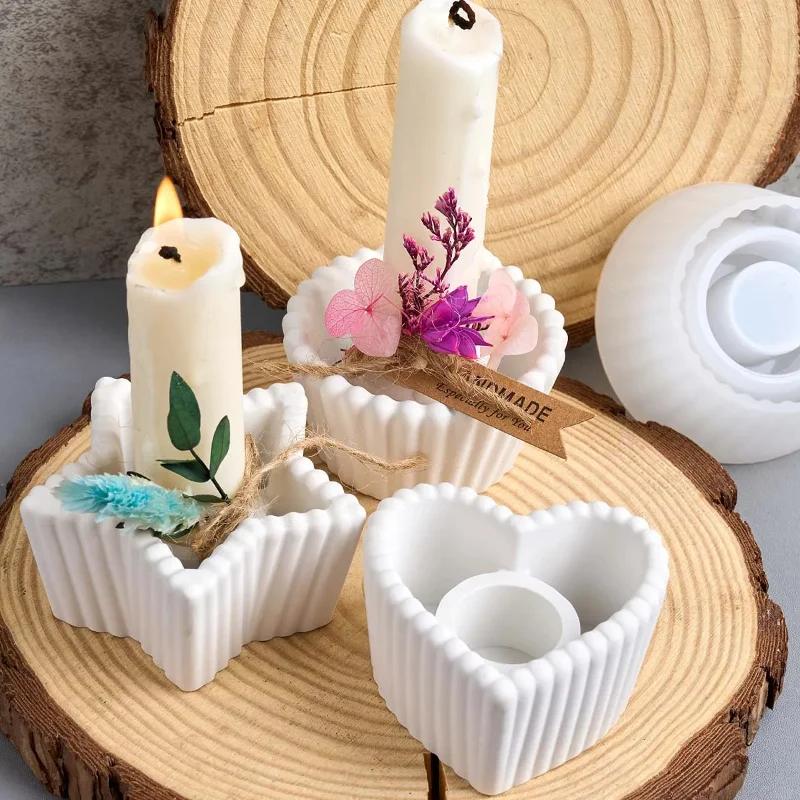 Top Quality DIY Concrete Stripe Silicone Candlestick Mold round Heart Star Shape Resin Craft Casting Molds for Home Decor Candle