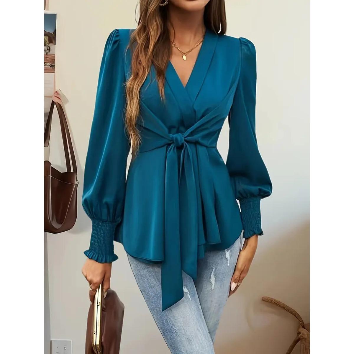 Women s V Neck Long Sleeve Blouse Slim Fit Elegant Solid Color Wrap Tie Front Satin Shirt S