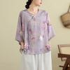 Women's Retro Chinese Style Lotus Print V Neck Blouse Casual Loose Fit Half Sleeve Side Tie Knot Linen Blend Top