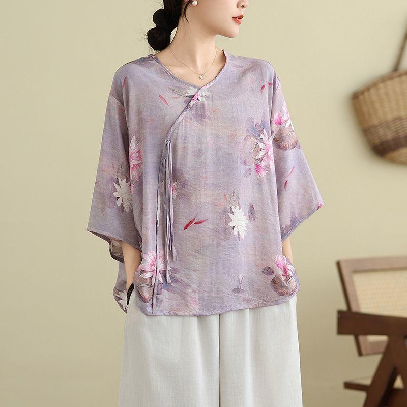 Women's Retro Chinese Style Lotus Print V Neck Blouse Casual Loose Fit Half Sleeve Side Tie Knot Linen Blend Top