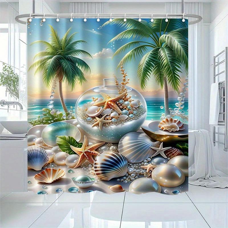 

1Pc Tropical Beach Shower Curtain With Starfish & Seashells Design - Vibrant Palm Trees & Ocean Scene, Polyester, Machine Washab W60H190(CM)-1 Pcs