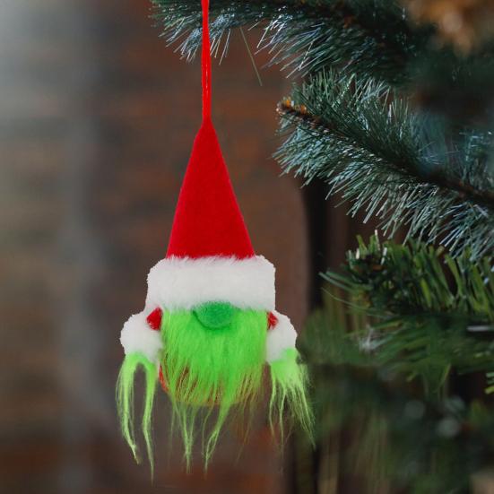 Green Gnome Christmas Ornament Faux Fur Furry Faceless Dwarf with Santa Hat Xmas Tree Hanging Decoration for Tree Party Decor
