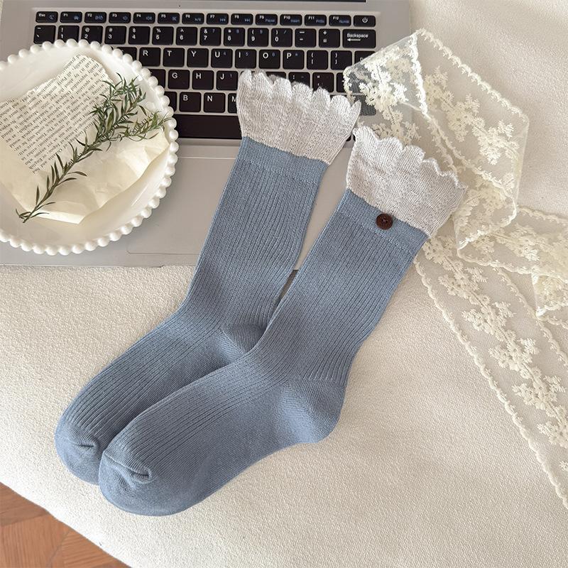 Ladies Autumn Winter Flanging Button Lace Mid Tube Stack Socks