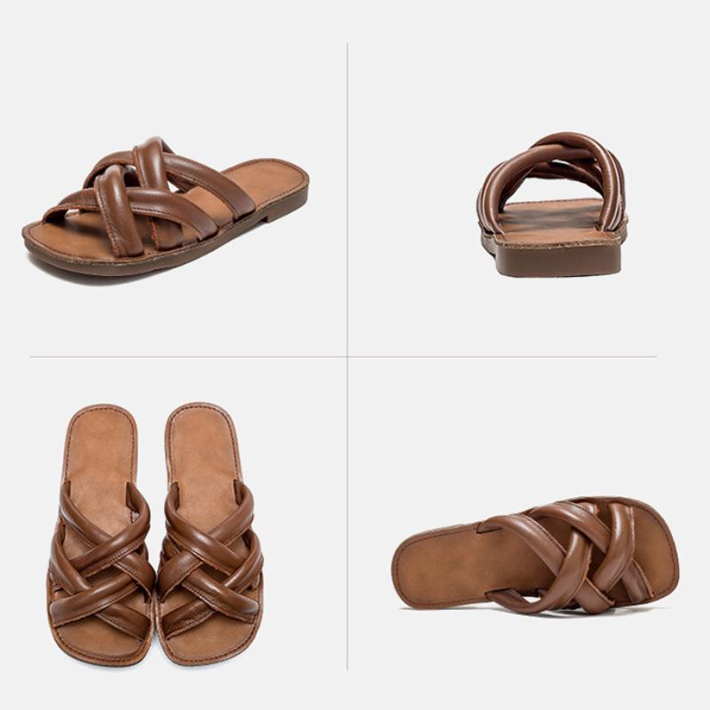 Johnature Genuine Leather Breathable Women's Flat Slippers Retro Versatile Soft Sole Roman Sandals