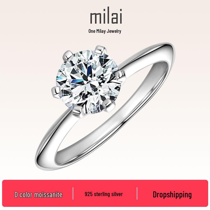 

D-Color Classic Moissanite Six-Prong Ring Electroplated S925 Sterling Silver Size 9.5 US