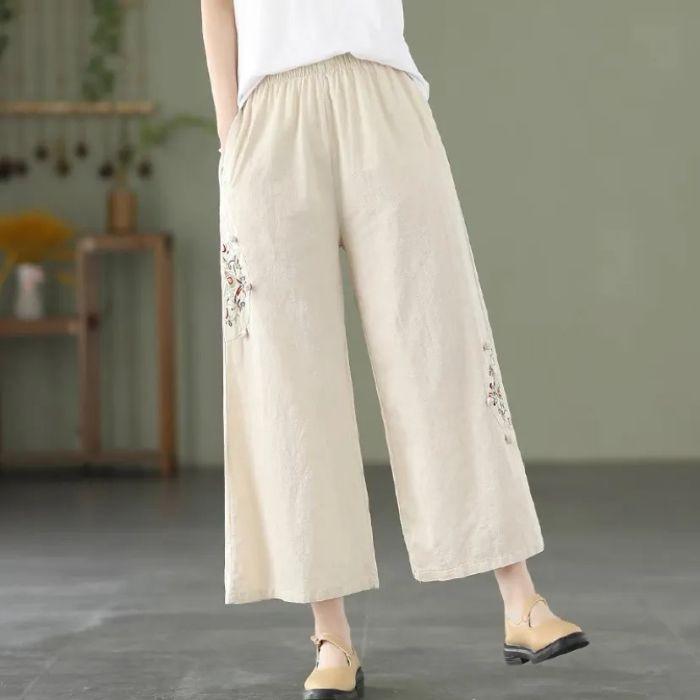 Spring/Summer Plus Size Loose Cotton Linen Embroidered Retro Wide-Leg Pants 5XL