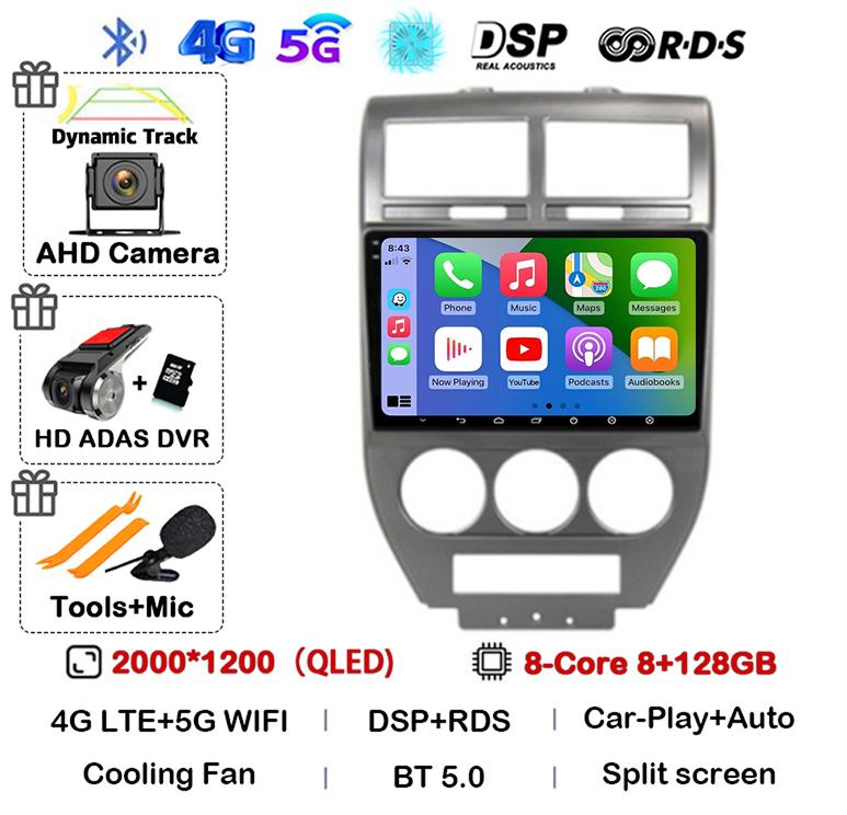 Android 14 Auto 4G+WIFI For Dodge Caliber Jeep Compass 1 MK Patriot 2006 - 2010 Car Radio Multimedia Video Player GPS 360 Camera