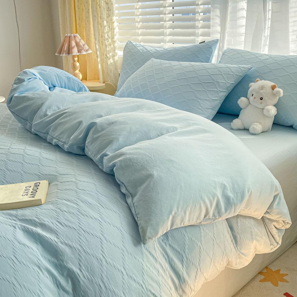 Washed Cotton Four-piece Set, Simple Bed Sheet Quilt Cover, Dormitory Pure Cotton Solid Color Three-piece Set