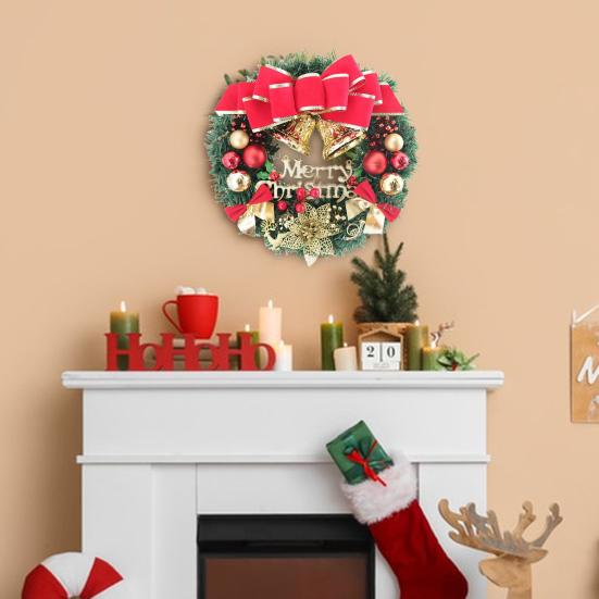 Vánoční věnec na vchodové dveře Ručně vyráběný Umělý zelený věnec s šiškami Červené bobule Baňky Ozdoby pro Vnitřní Venkovní Sváteční Dekoraci