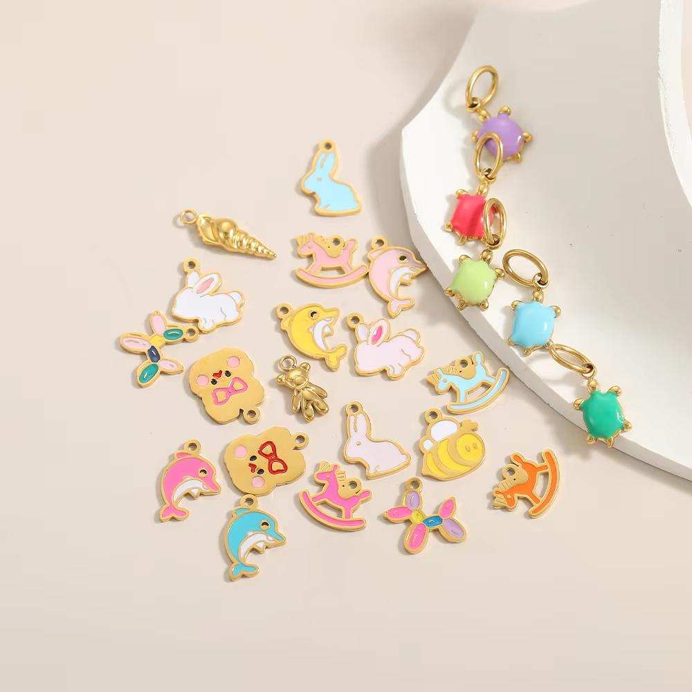 3PCS/LOT CARLIDANA Enamel Turtle Rabbit Bear Charms, Colored Stainless Steel Pendants for Women DIY Necklace Jewelry