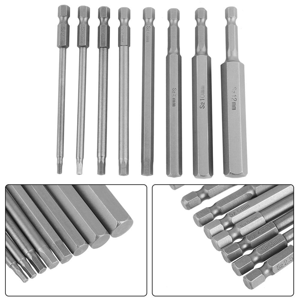 8 Pcs 1/4 Inch Hex Shank Hex Head Allen Wrench Bit Set 100mm Length S2 Steel Metric Screwdriver Bits Magnetic