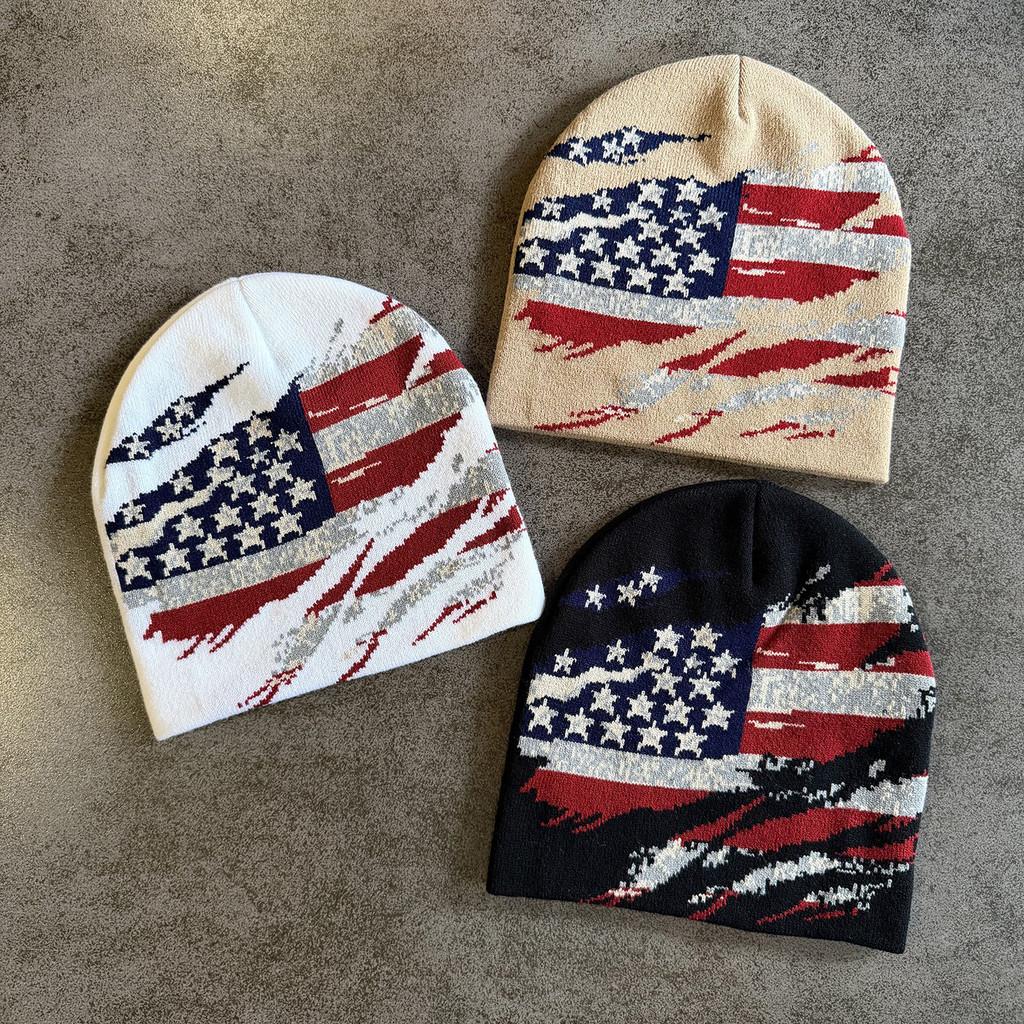 American Flag Knit Hat For Men Women Outdoor Warm Beanie With Colorblock Pattern
