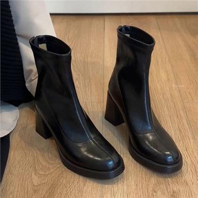 Versatile Stretch Shoes with Retro-style Zippers, High Heels, Slimming Short Boots for Women