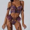 Embroidery Color Block Lingerie Set Women Mesh Underwire Bra Panty Garter Belt Set for Wedding Night Purple S