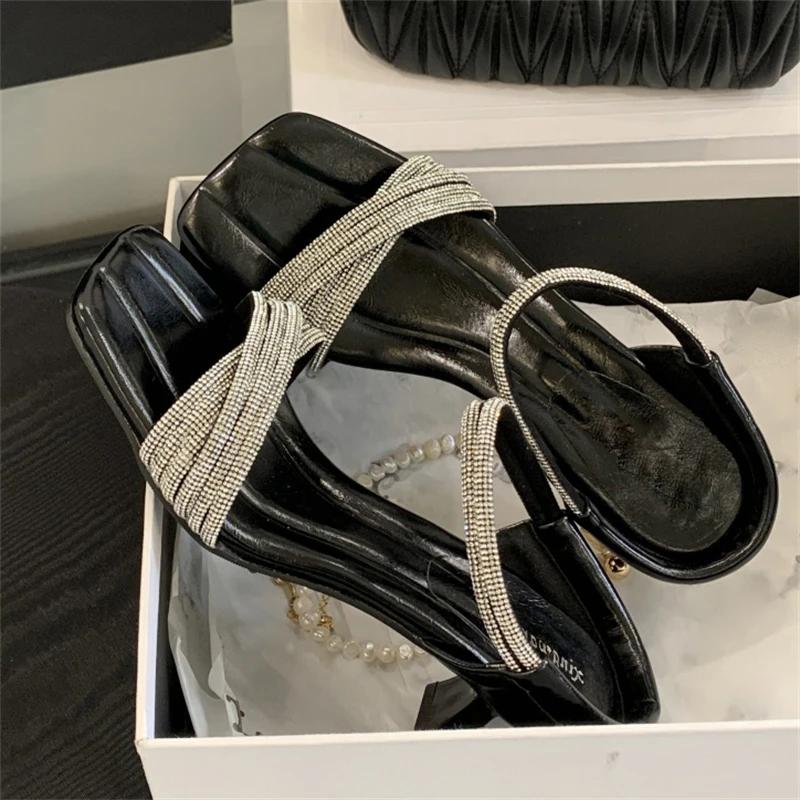 

Eilyken Летние КРИСТАЛЛ Бриллиант Узкий Ремешок Квадратный Носок Женские Шлепанцы Тонкий Низкий Каблук Сандалии Женская Обувь 35 чёрный