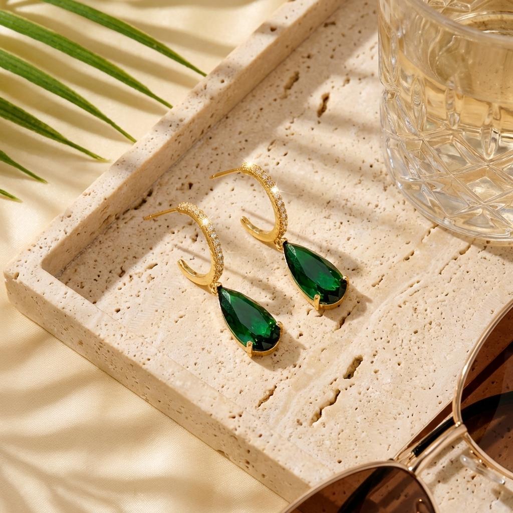 Vintage Emerald Green Teardrop CZ Earrings for Women Girls Pave Huggie Hoop Pear Cut Drop Elegant Old Money Jewelry Gift