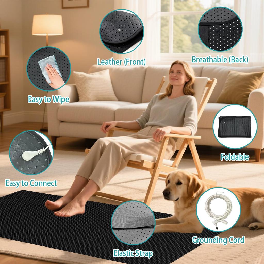 Grounding Mat for Bed Sleep Grounded Pad Anti-Slip PU Leather Grounded Mat with Grounding Cord Anti-Static Mat Ground Mattress