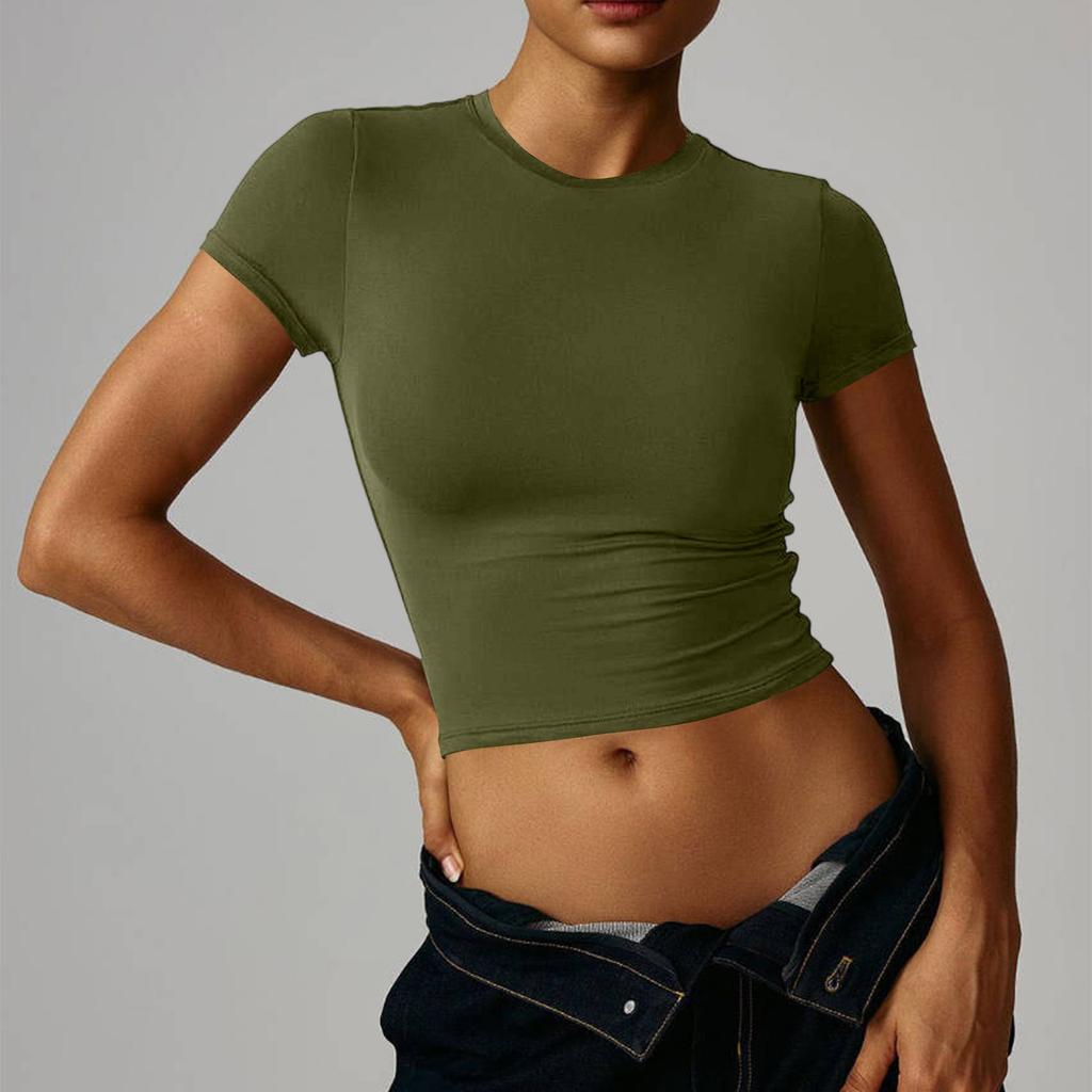Women Short Sleeve Crew Neck Pullover Casual Fitted Crop T Shirt Basic Lightweight Soft Stretchy Top for Daily Wear
