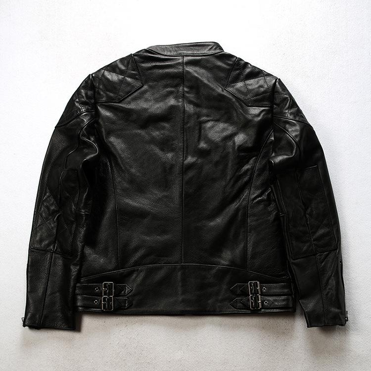 Męska kurtka ze skóry owczej, Kołnierz stojący, Skośny wzór rombów, Swobodny styl motocyklowy