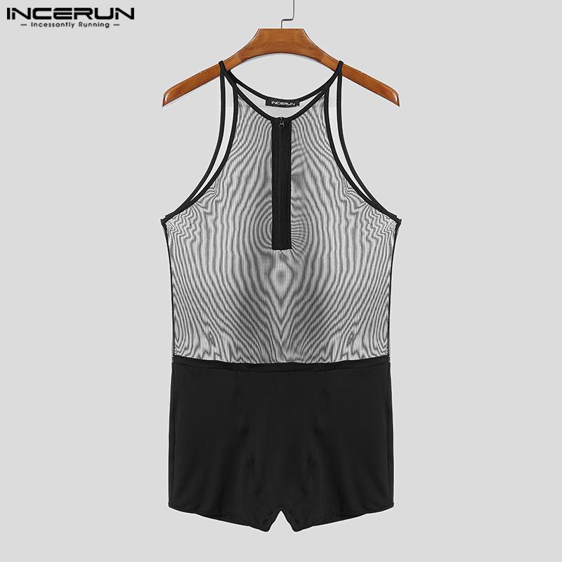 INCERUN Men Sleeveless See Through Mesh Sheer Jumpsuits Underwear Playsuits