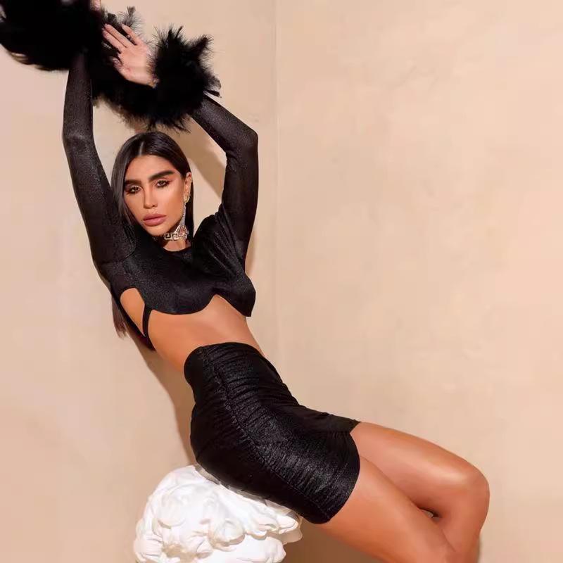 2023 Bandage Skirt Two-Piece Set: Sexy Feather Long-Sleeve Crop Top & Short Skirt