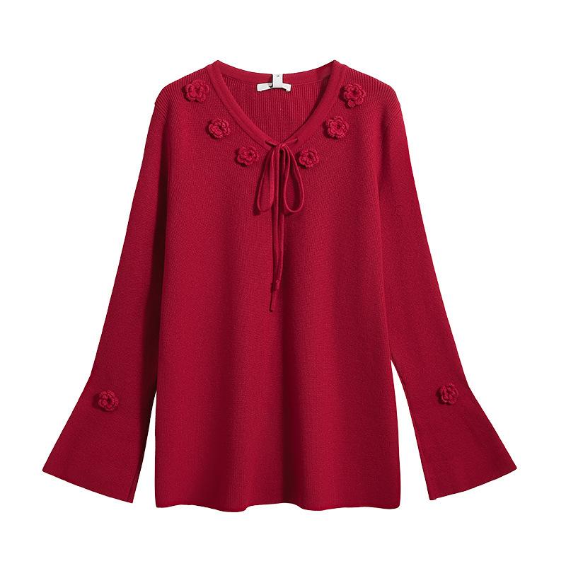 Plus-size Women's Autumn-winter New Year's Day Christmas Three-dimensional Flower Knitted Base Layer Sweater