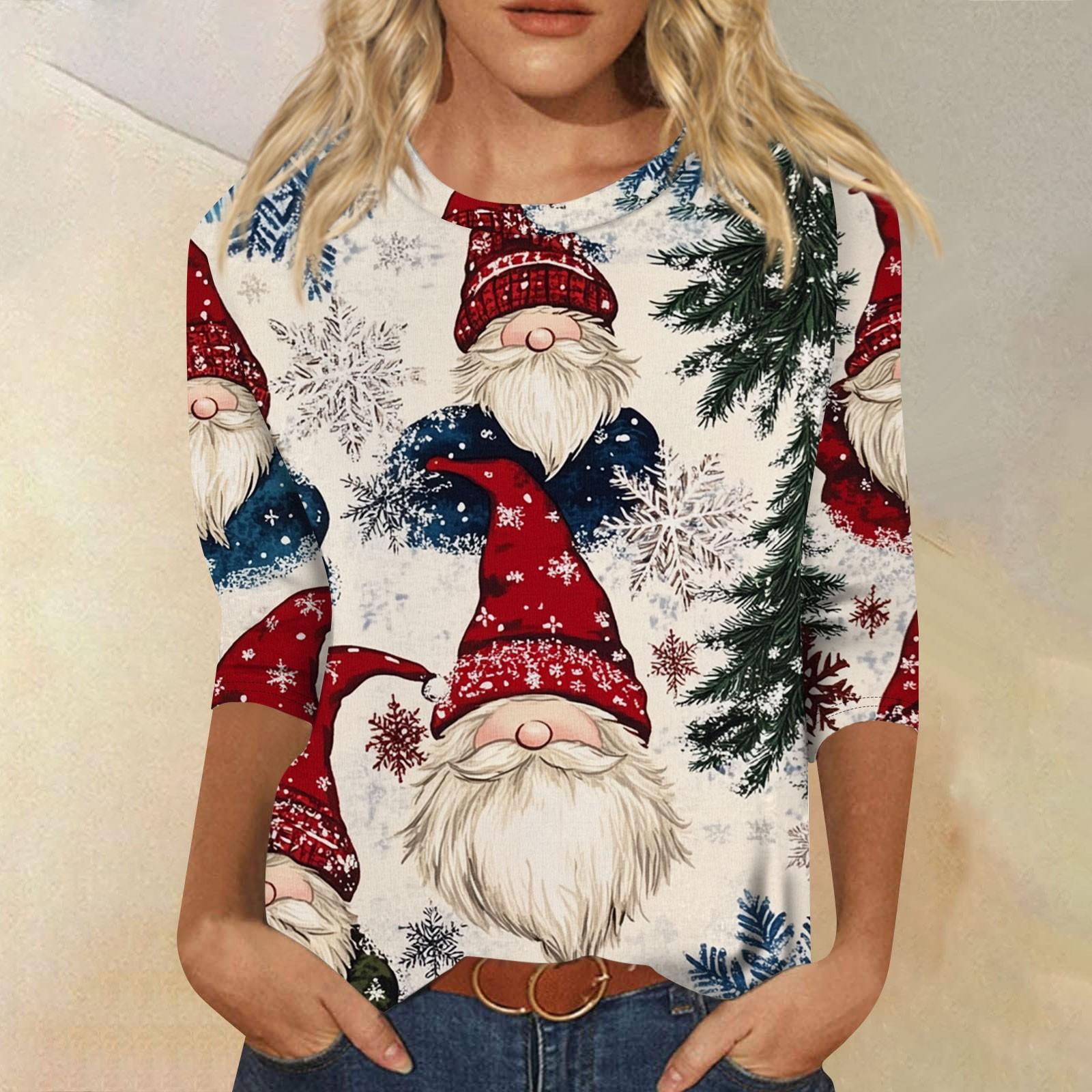 

Женская мода повседневная рубашка с круглым вырезом и рождественским принтом, семь рукавов XXXXL бежевый