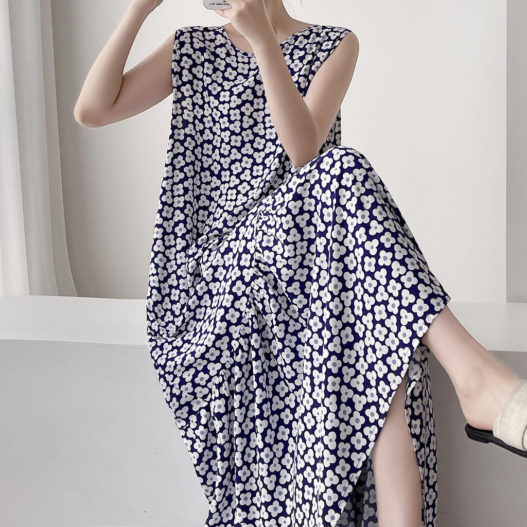 Robe de nuit sans manches en coton et soie pour femme, été, idyllique, ample, grande taille, peut être portée dehors, jupe fishtail en coton artificiel à fleurs