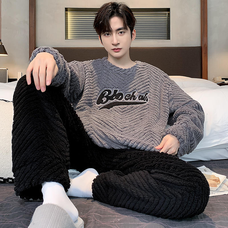 Thick Flannel Men's Pajamas Set Autumn Winter Plus Velvet Thicken Long Sleeves Sleepwear Pjs Nightwear Warm Lounge Wear Set