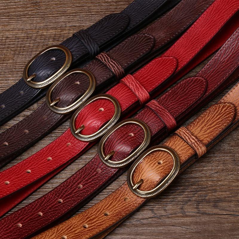 Women's Genuine Leather Engraved Copper Buckle First Layer Cowhide Casual Personality Retro Denim Thin Belt