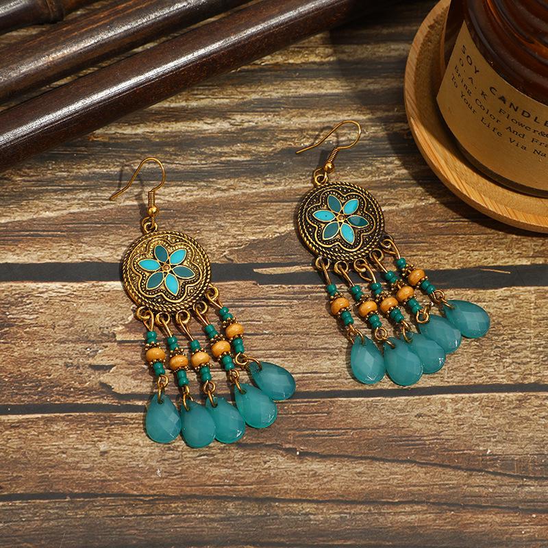 Bohemian Cross-Border Handmade Water Drop Rice Bead Tassel Earrings for Travel Photography
