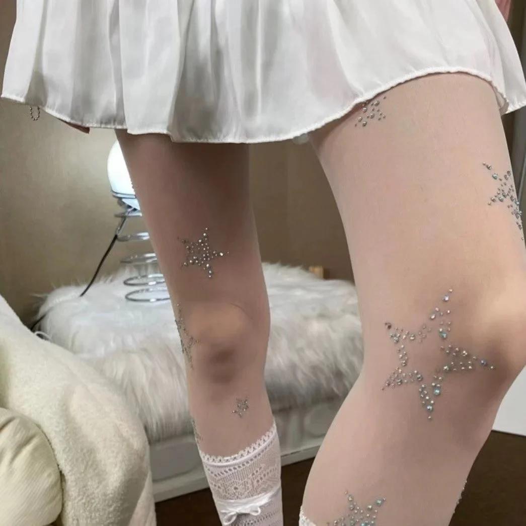 

Y2k Star Diamond Rhinestone Fishnet Sexy Women Pantyhose Thigh High Stockings JK Lolita Girls Kawaii Bling Underwear Pantyhose one size