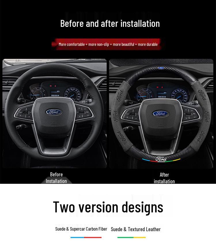 Genuine Leather Suede Carbon Fiber Steering Wheel Cover for JMC Ford Territory 2019-2021, Universal All-Season Model