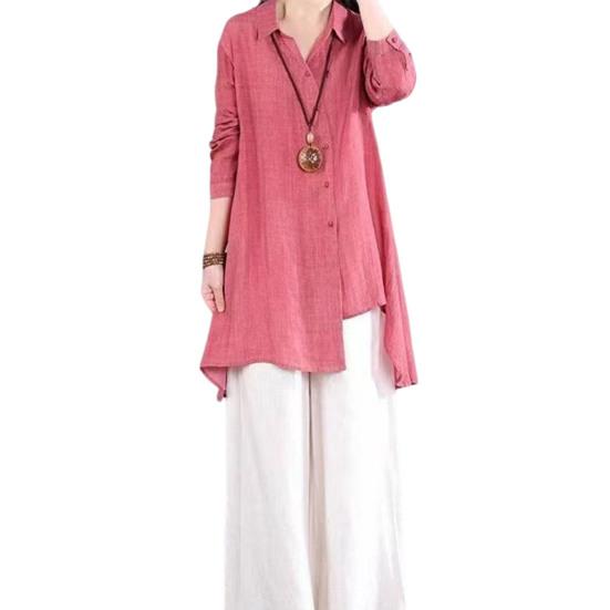Women Shirt Lapel Long Sleeve Single Breasted Shirt Tops Irregular Hem Solid Color Mid-length Leisure Shirt